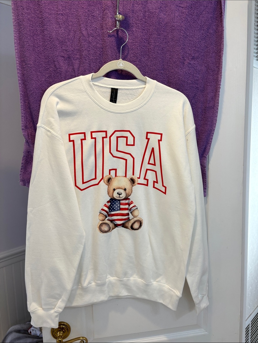NWT Gildan White Sweatshirt with Red USA and Teddy Bear Graphic